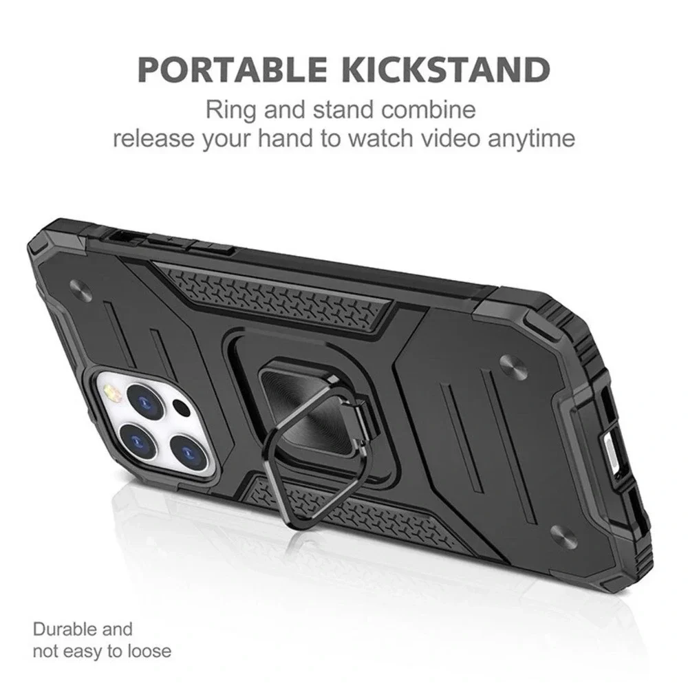 New Rugged iPhone 13 Pro Max Case Heavy Duty Armor Cover with Ring Stand Black